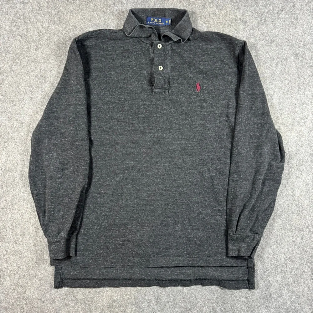 Polo Ralph Lauren Polo Shirt Mens M Gray Long Sleeve Heathered Cotton Pony Logo